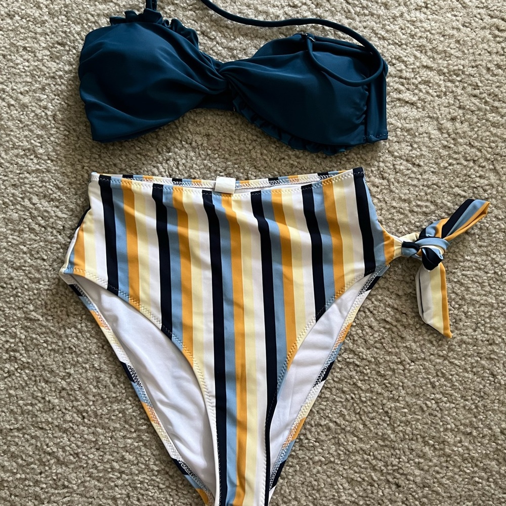 Cupshe Blue Yellow Stripe High Waist 2-Piece Swim Bikini Set